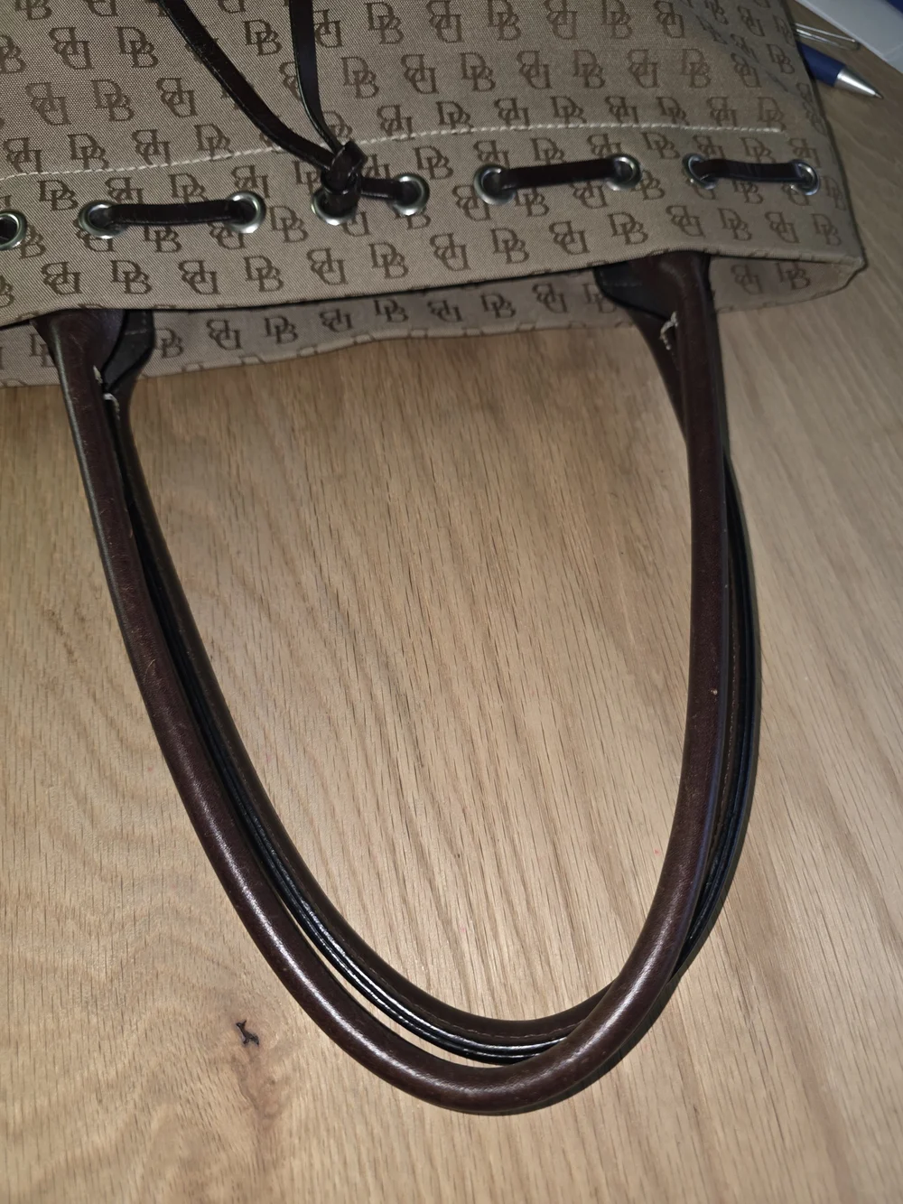 Dooney & Bourke Tan Monogram Tote with Brown Leather Trim